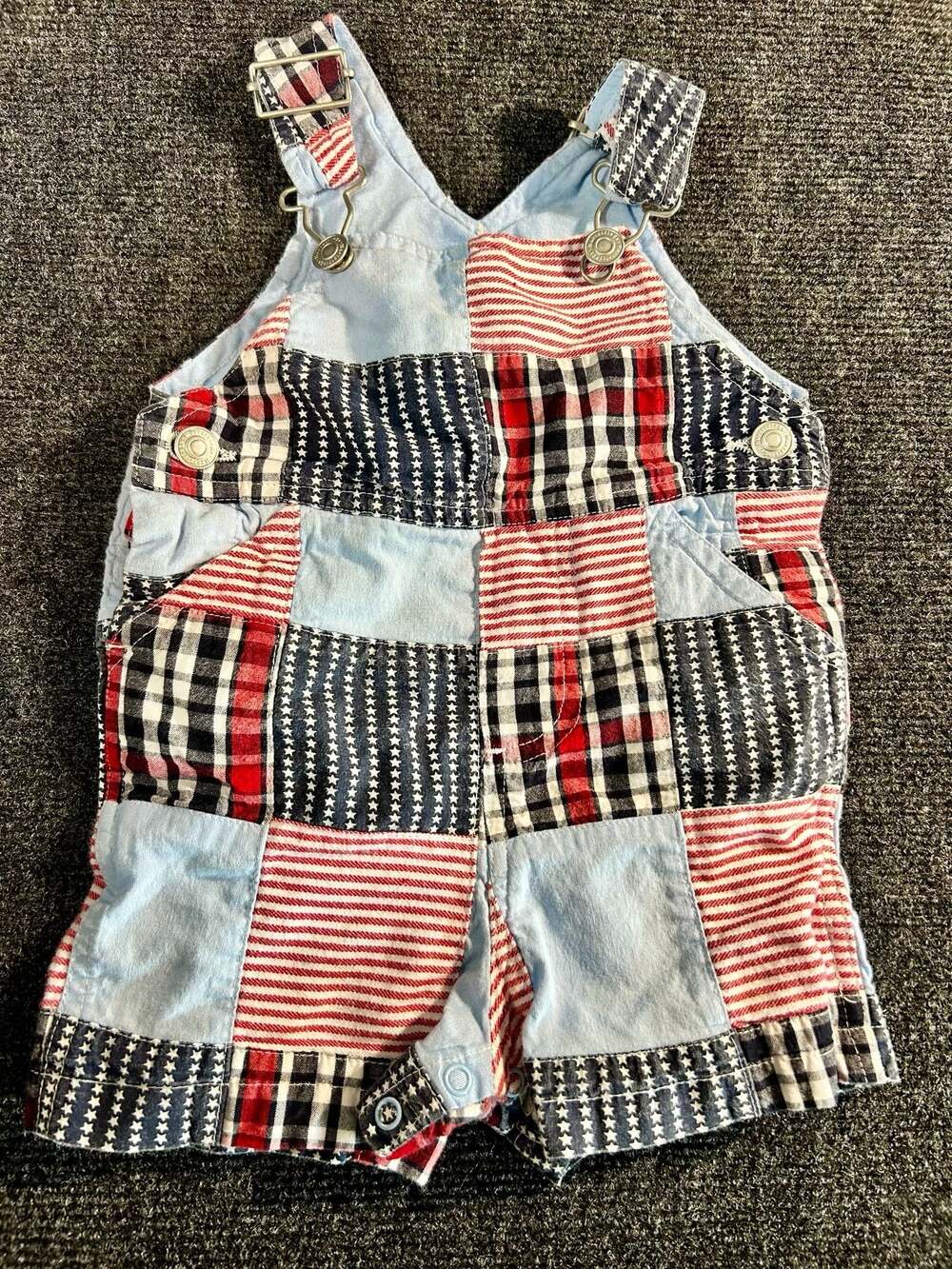 Hartstrings Vintage Red White Blue Patchwork Overalls Shortalls Size 12M